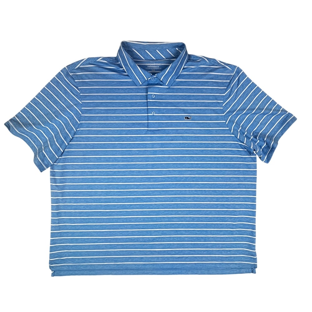 Vineyard Vines Polo Shirt Mens 2XB Blue White Striped Performance Short Sleeve